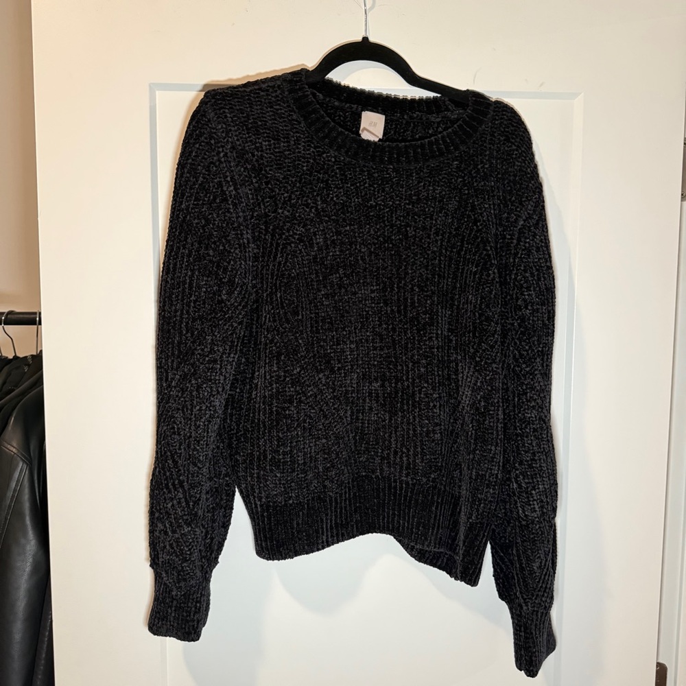 H&M Black Velvet Knit Crew Neck Sweater